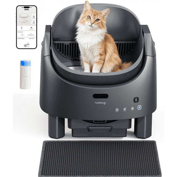 FeelNeedy Self Cleaning Cat Litter Box, Open-Top Smart Automatic Litter Box with App Control, Odor Control, Safety Sensors, Includes Mat and Waste Bags, for Multiple Cats