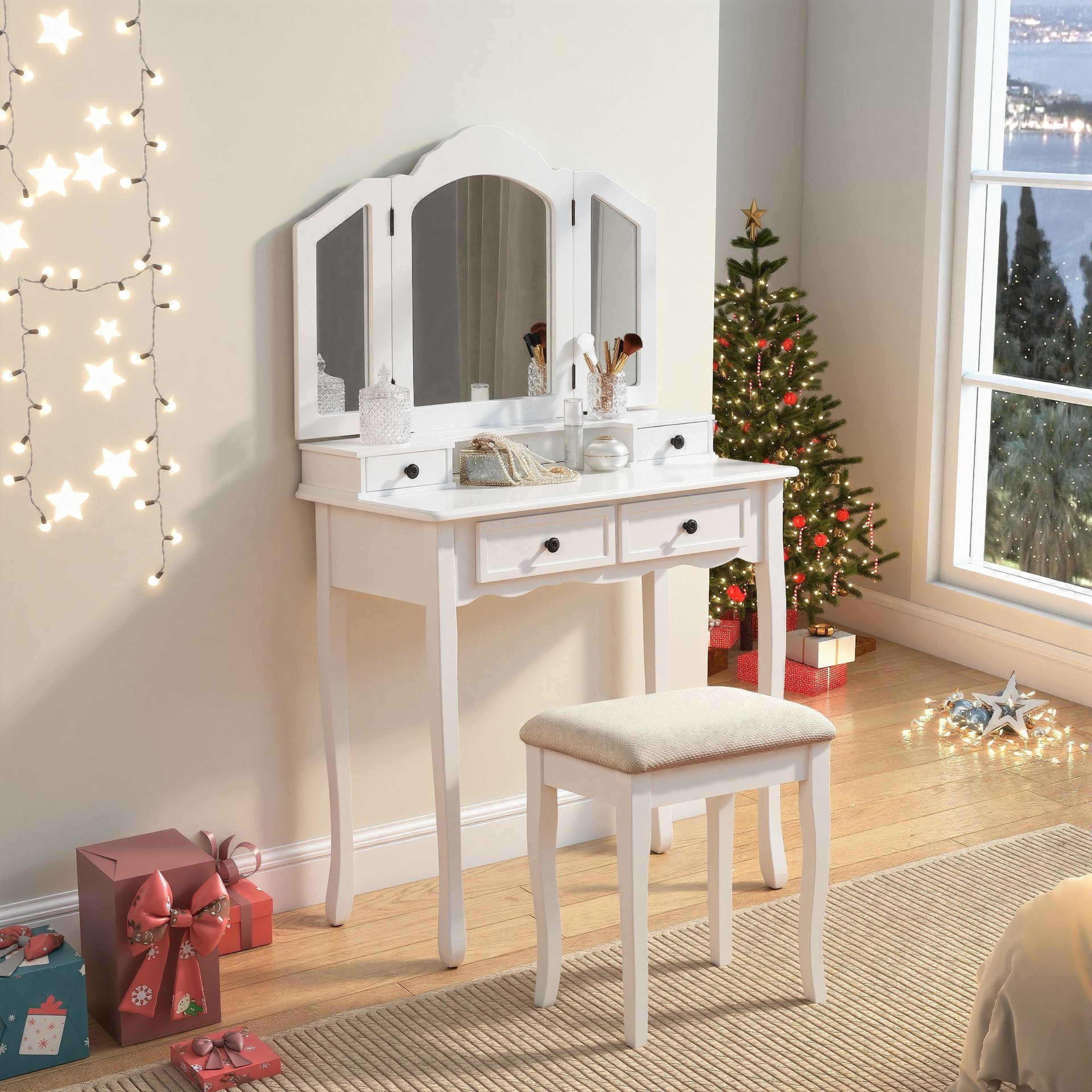 Roundhill Furniture Sanlo Make Up Vanity Table and Stool Set