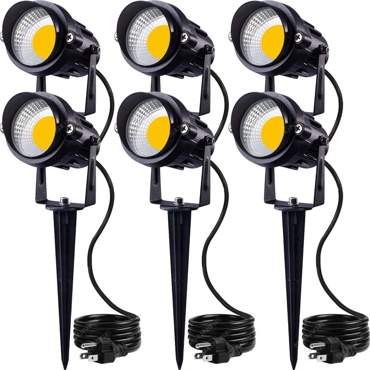 SUNVIE LED Outdoor Spotlight 12W Landscape Lighting 120V Waterproof Flaglight with 3-Plug in, 6 Pack