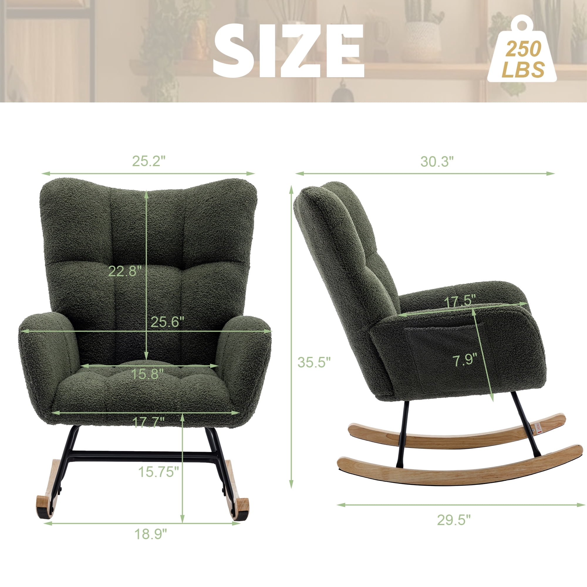 Leumius Rocking Chair Nursery,Teddy Upholstered Glider Rocker with High Backrest,Modern Rocking Accent Chairs Glider Recliner for Living Room, Nursery, Bedroom,Dark Green