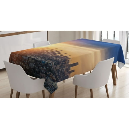 

City Tablecloth Sunrise at Los Angeles Urban Architecture Tranquil Scenery Majestic Sky Rectangular Table Cover for Dining Room Kitchen 52 X 70 Inches Navy Blue Apricot Ivory by Ambesonne