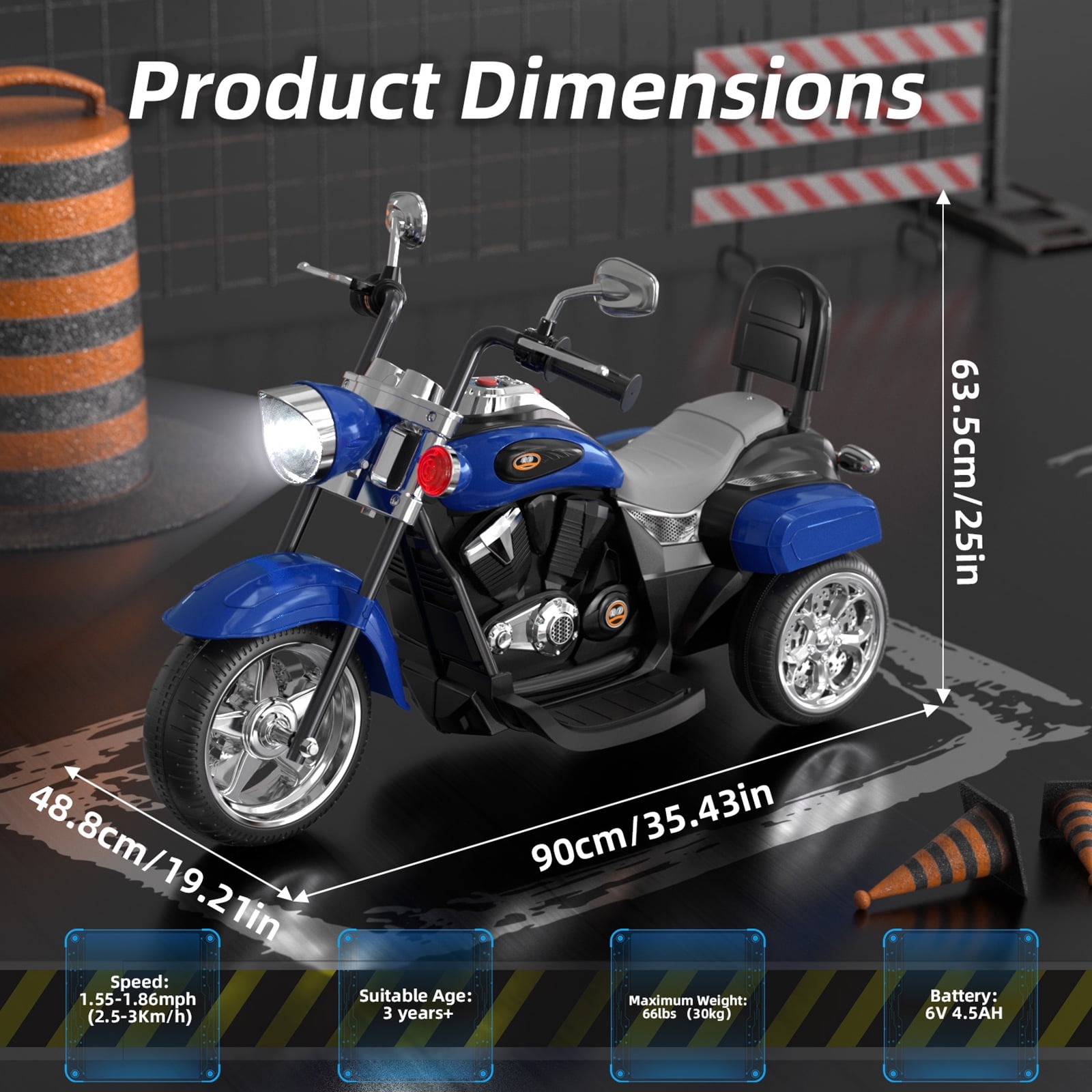 XJD Kids Electric Motorcycle, 6V Battery Powered Ride on Chopper Motorcycle with Horn, Headlights, 3 Wheels Electric Motorcycle for Children, Blue