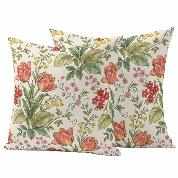2 Pack Outdoor Waterproof Throw Pillow Covers,Vintage Tulips Red Daisies Decorative Square Pillow Case Patio Pillowcases for Chair Couch Sofa 16x16in
