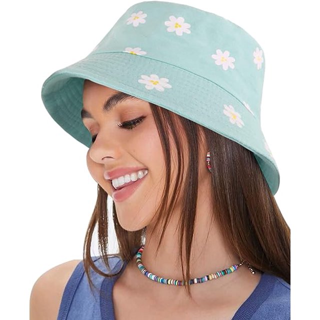 Sombrero De Pescador para Mujer - Sombrero De Pescador De Algodón Reversible Sol De Playa Sombreros De Cubo Plegables De Doble Cara Gorra Estética con Estampado De Margaritas para Mujeres Adolescentes