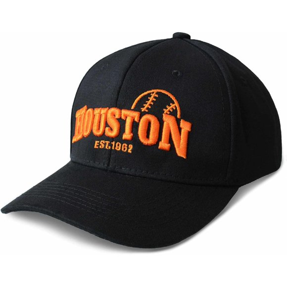 shiyou-Black Low Profile Place City Name Hat - Adjustable Embroidered Baseball Cap for Men or Women, Orange Text, A Black Hstn, One Size-Medium