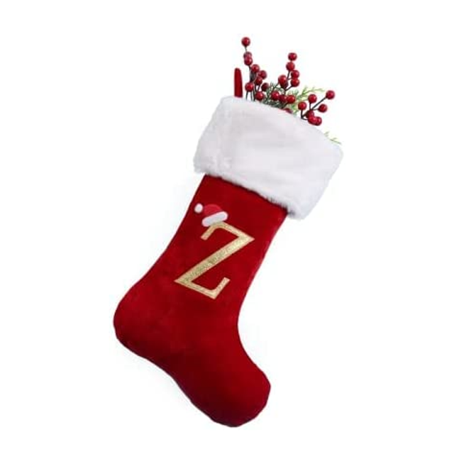 JIUOU Monogramme Bas de Noël avec Lettres, Bas en Peluche Super Doux Blancs Grands Bas Brodés Bas Lettres Rouges pour Cadeau de Noël, Décoration Personnalisée Classique pour la Famille