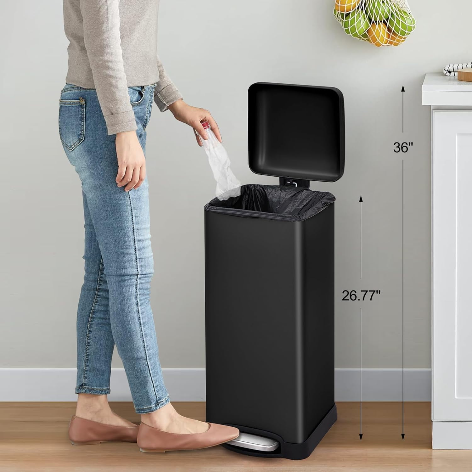 HELLONE 8 Gallon Bathroom Step Trash Can, 30-Liter Square Stainless Steel Foot Pedal Garbage Can with Soft-Close Lid for Kitchen, with Removable Inner Bucket, Black