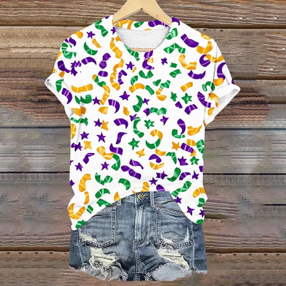 Jsaierl Womens Mardi Gras Shirts Funny Carnival Themed Mask Print Tees Trendy Short Sleeve T Shirts Blouses Dressy Casual Round Neck Tunic Tops