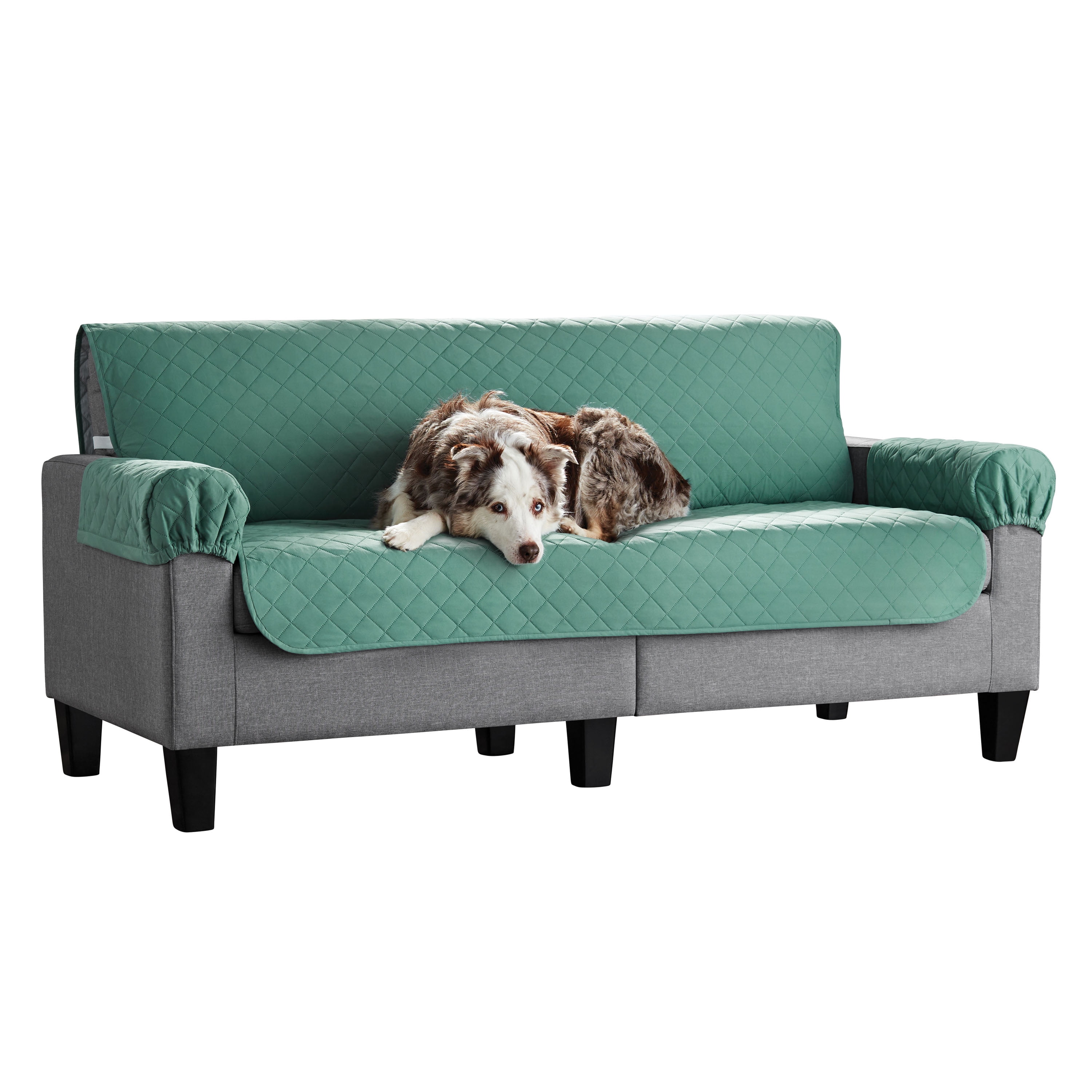 (2 pack) Mainstays Reversible Quilted Fabric Sofa Furniture Protector, 3-Piece, Gray and Sage Green Slipcover