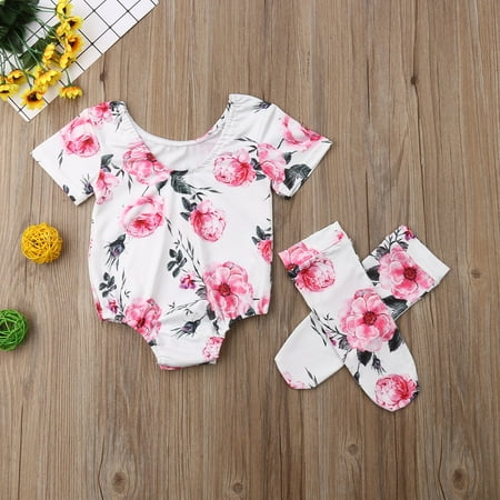 

Infant Baby Girl Short Sleeves Floral Print Romper and Socks Summer Outfits