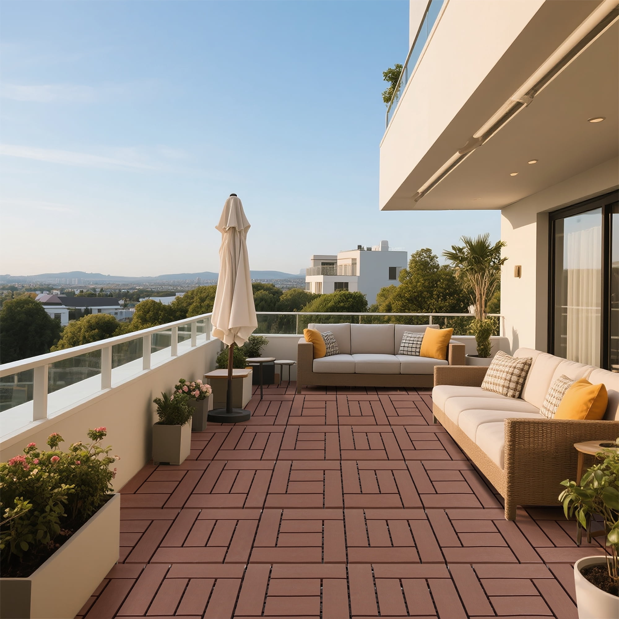 44 PCS 12-Inch ZZ Style Interlocking Deck Tiles Brown DIY Modular Floor Tiles Indoor Outdoor Courtyard Balcony Bathroom Quick Install Flooring