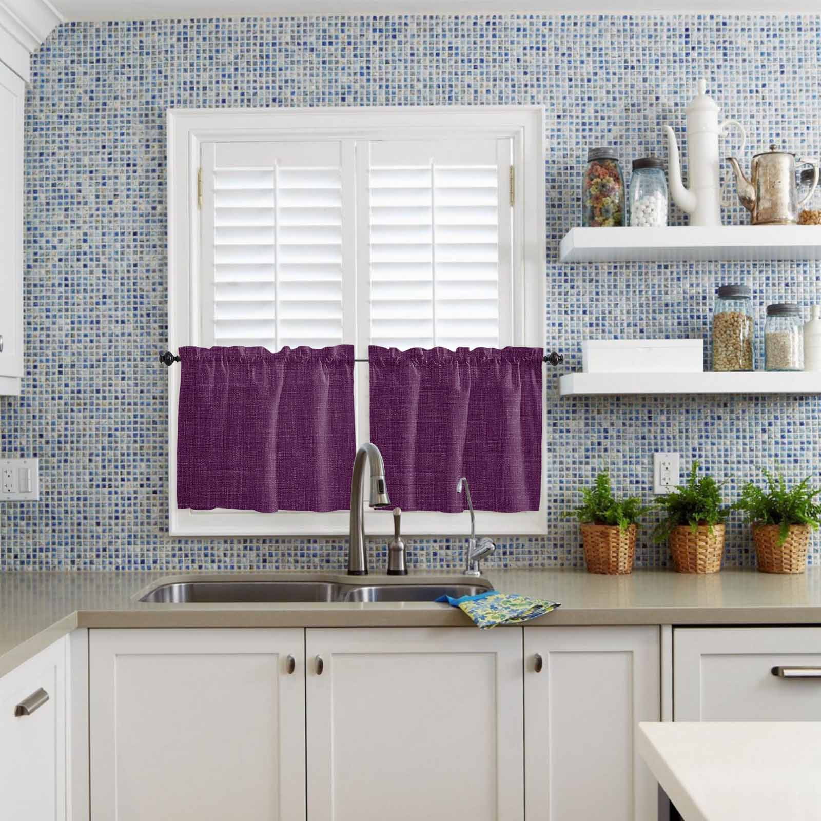 Vintage Dark Kitchen Curtains Valance and Tier Set Purple Linen Texture Farmhouse Rod Pocket Short Curtains for Small Window 3 Pieces Set for Bedroom Bathroom Cafe (54" x 18"+27" x 36")