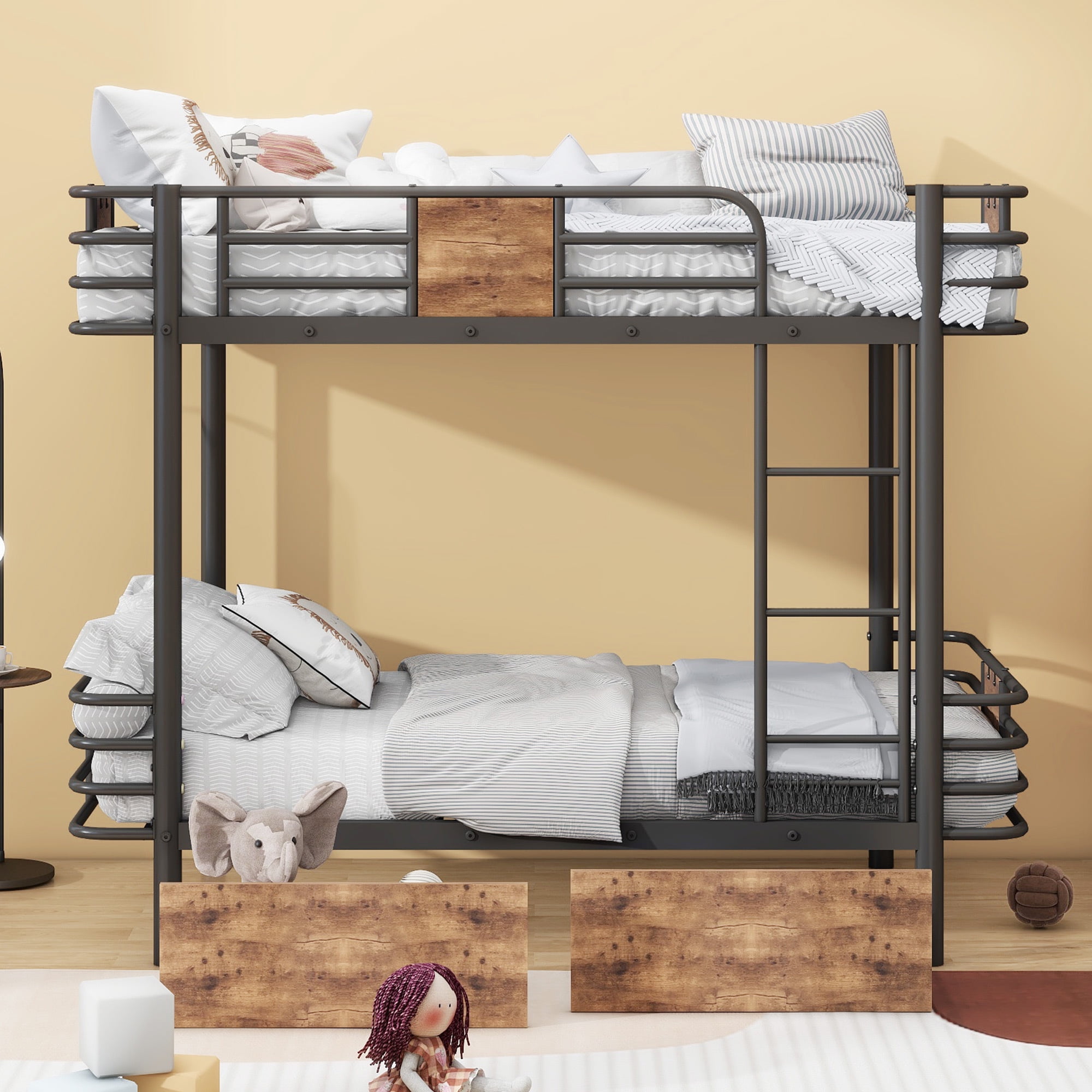 Euroco Metal Twin XL over Twin XL Bunk Bed with 2 Drawers for Kids Teens, Black