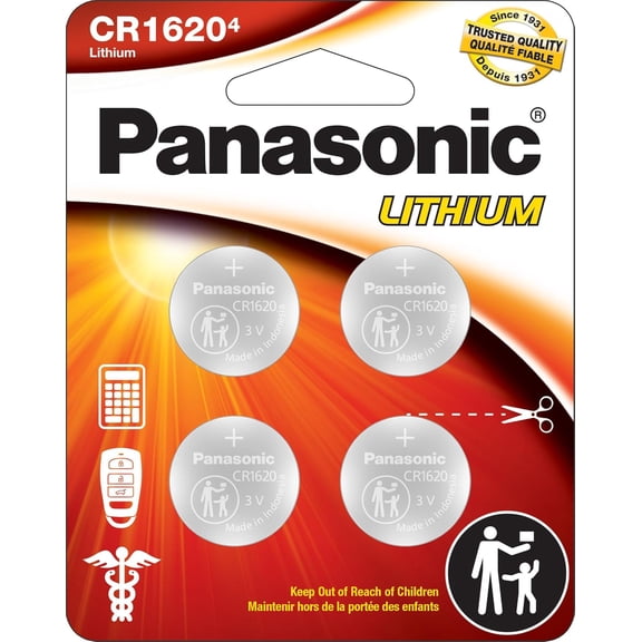 Panasonic CR1620 3.0 Volt Long Lasting Lithium Coin Cell Batteries in Child Resistant , Standards Based Packaging, 4 Pack