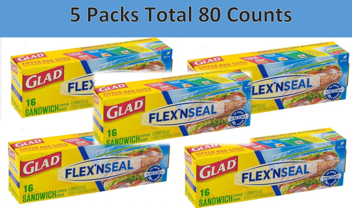 Glad FLEXN SEAL Zipper Food Storage Sandwich Bags, 16 Count (Pack of 5