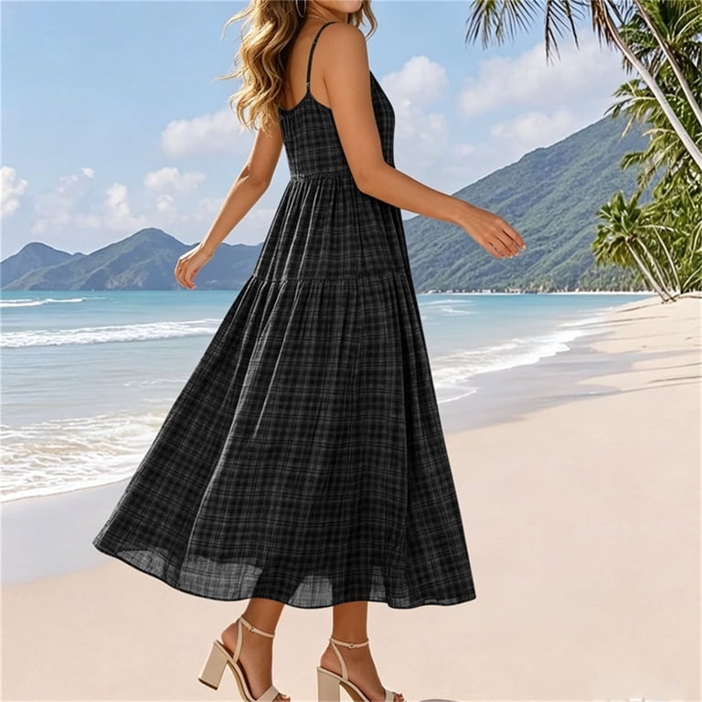 SOOMLON Spaghetti Strap Dresses for Women Plus Size Plaid Maxi Dress Loose Ruched Empire Waist Dress Summer Boho Sundress