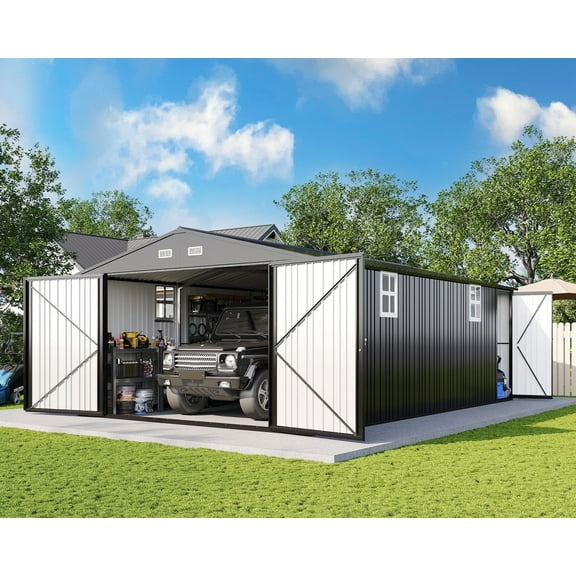 Jocisland 13.2x21x8 ft Outdoor Storage Shed, Huge Metal Garage Shed with 2 Double Hinged Doors and 4 Windows, Carport for Car, Bike, Truck, Dark Grey