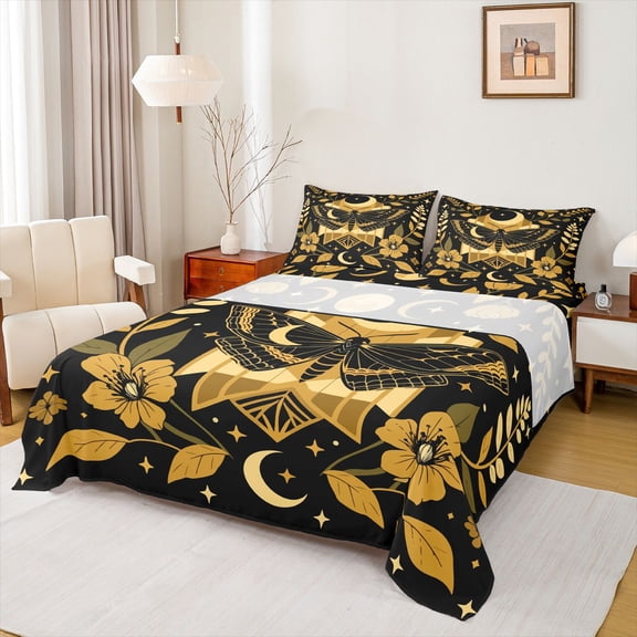 jejeloiu Western Vintage Moth Bed Sheets For Girls,Geometric Print Full Size Sheets,Black Gold,4pcs,1 Flat Sheet, 1 Fitted Sheet and 2 Pillowcases