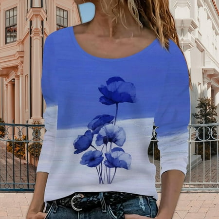 

Aueoeo Womens Blouses and Tops Dressy Fall Fashion for Women Fashion Women Casual Print Round Neck Long Sleeve Loose T-Shirt Autumn Blouse Pullover Tops
