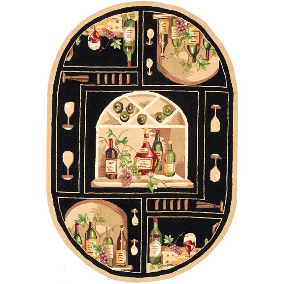 SAFAVIEH Chelsea Tuscany Wine Lovers Wool Area Rug, Black/Multi, 4'6" x 6'6" Oval