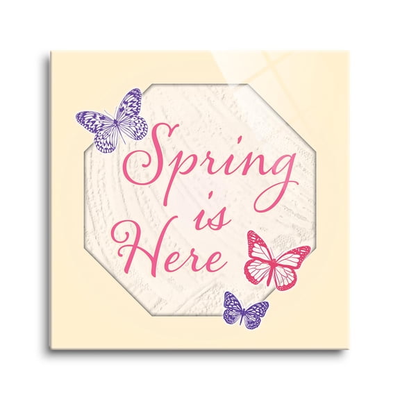 Spring Is Here Purple Red Butterfly 8 x 8 Glass Wall Hanging Sign