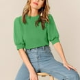 thumbnail image 5 of RYRJJ Womens Puff Half Sleeve Tops Dressy Casual Loose Fit Shirts Trendy Summer Crewneck Keyhole Back Tunic Blouse Office Work T-Shirt(Light Green,S), 5 of 9