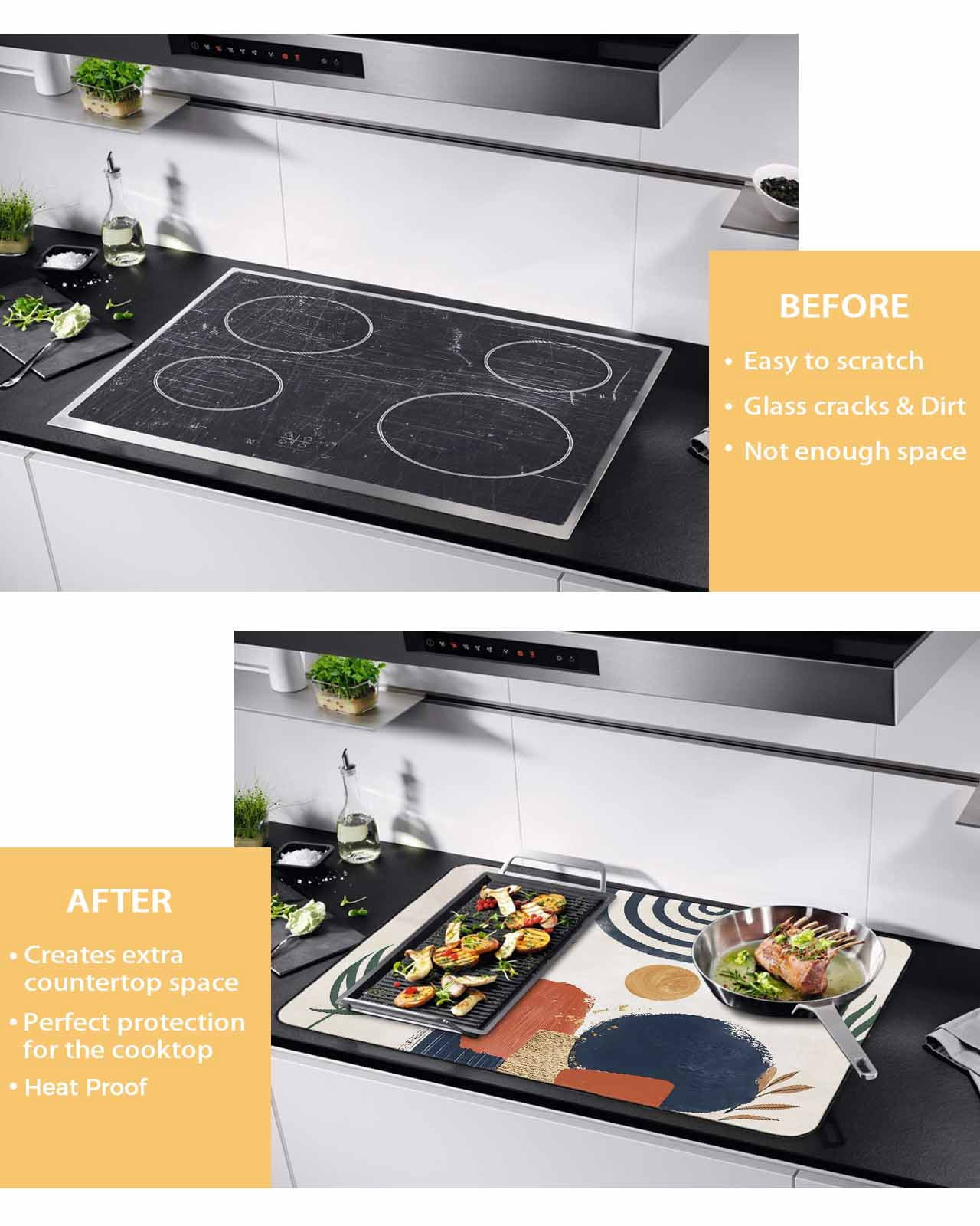 Large Induction Cooktop Protector Mat Boho Stove Top Covers for Electric Stove, Middle Century Leaves Bohemia Minimalist Abstract Art Beige Decorative Stove Burner Cover Mats, Glass Top Stove Cover