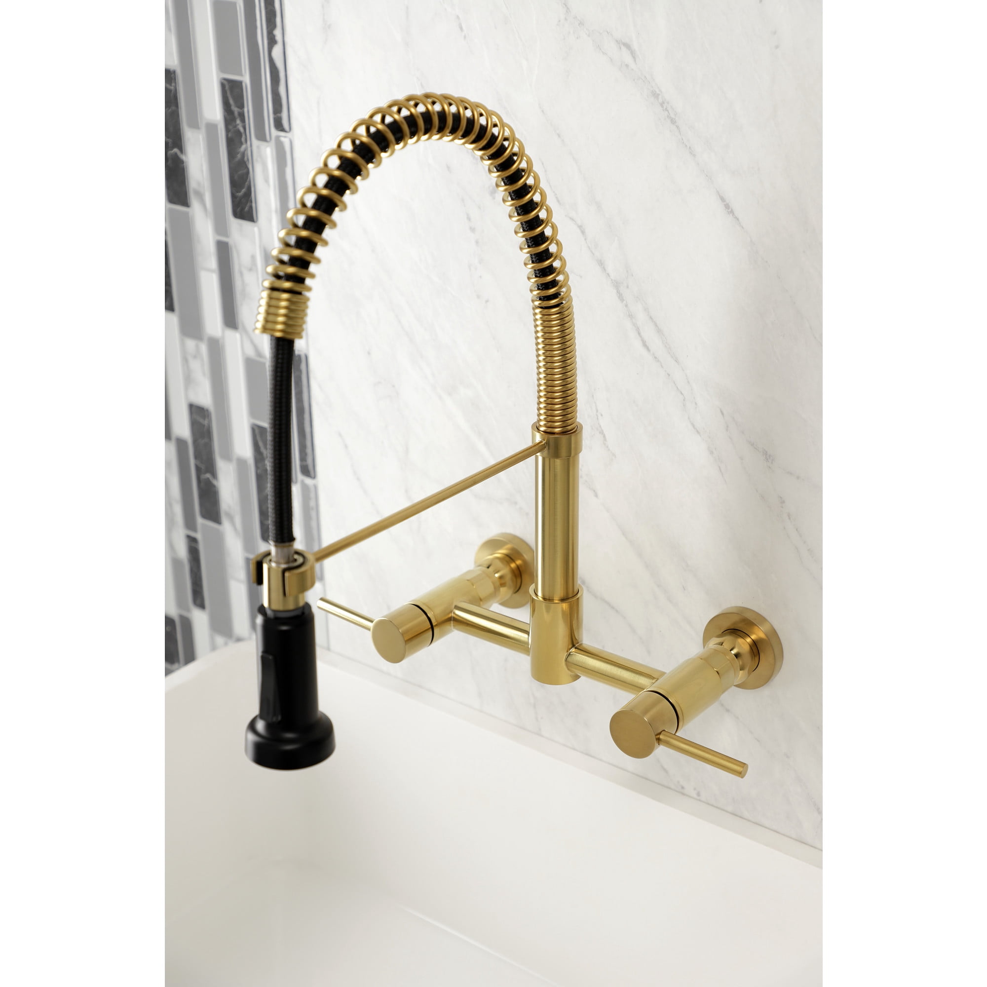Gourmetier GS8187DL Concord Double-Handle Wall-Mount Pre-Rinse Bridge Kitchen Faucet, Brushed Brass