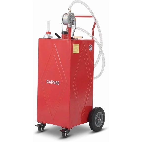30 Gallon Fuel Transfer Tank - Heavy Duty Gas and Diesel Caddy with Manual Pump and 4 Wheels for Farm Equipment Truck Boat and ATV Red