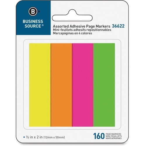 Business Source Removable Page Markers 40 x Yellow, 40 x Green, 40 x Pink, 40 x Orange - 0.75' x 2' - Rectangle - Assorted - Removable, Repositionable, Self-adhesive - 4 / Pack