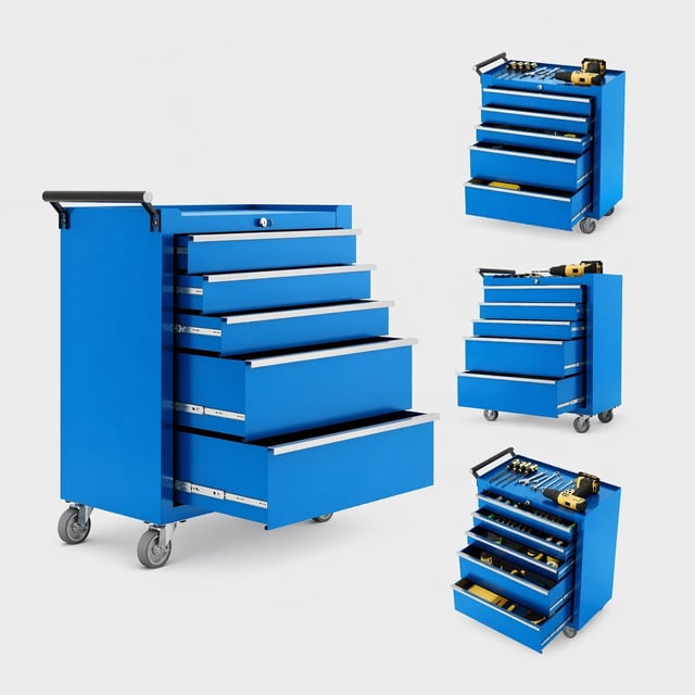5-Drawer Rolling Tool Cabinet with Lock Sliding Drawers and Side Handle Mobile Tool Chest for Garage Workshop Warehouse Blue