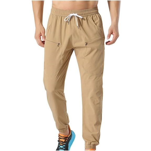 CHEEREAM Men's Casual Joggers Pants Cotton Elastic Waist Drawstring Chino Pants Hiking Outdoor Track Sweatpants Khaki 4XL