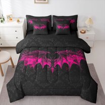 Homewish Gothic Pink Bat 7-Piece Twin Bedding Sets for Teens Female Men,Bohemian Damask Bedding Comforter Set,Traditional Floral Flower Breathable Sheet Sets,Super Cozy Room Decor,Reversible