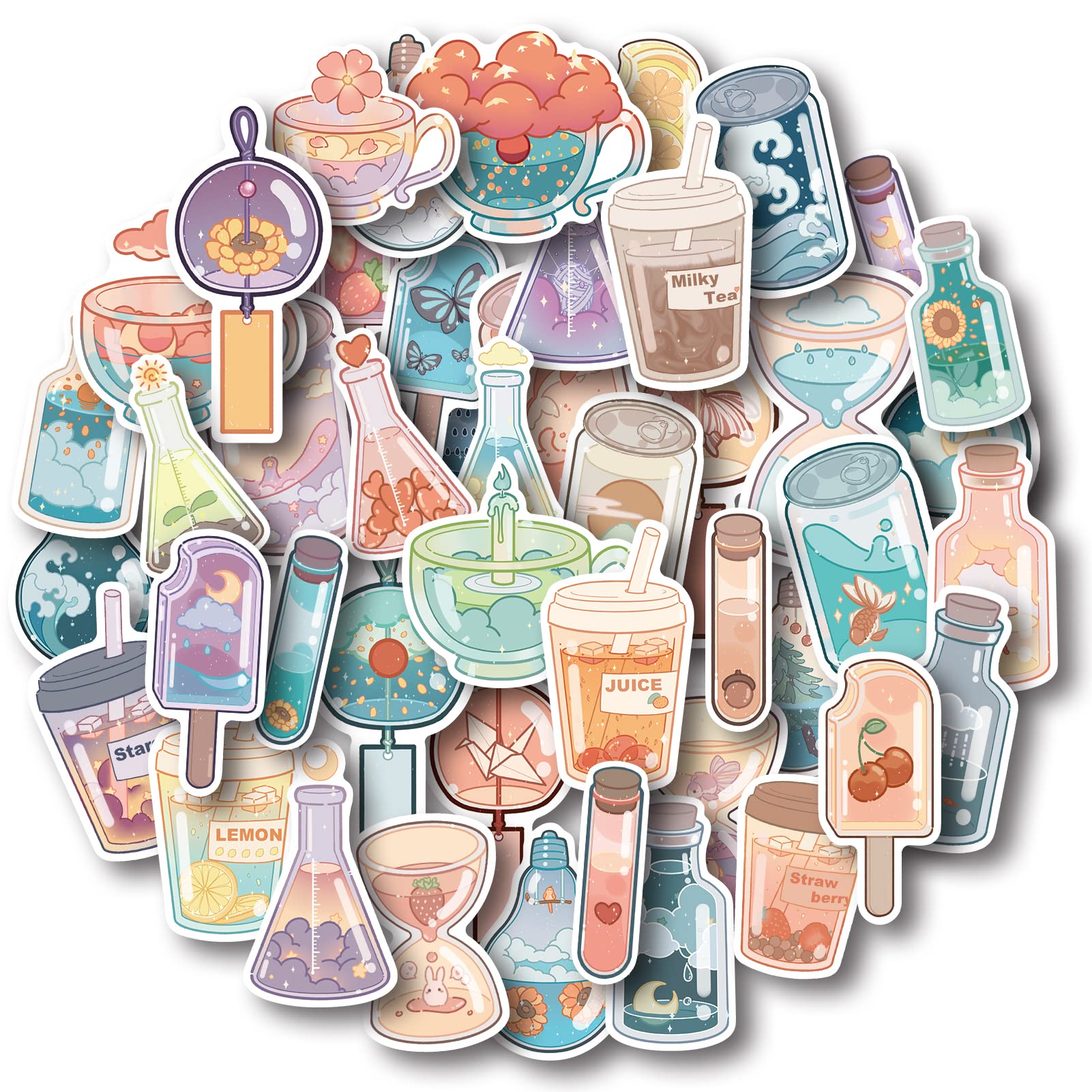 50 Pcs Aesthetic Vinyl Stickers Cute Drink Stickers for Water Bottles