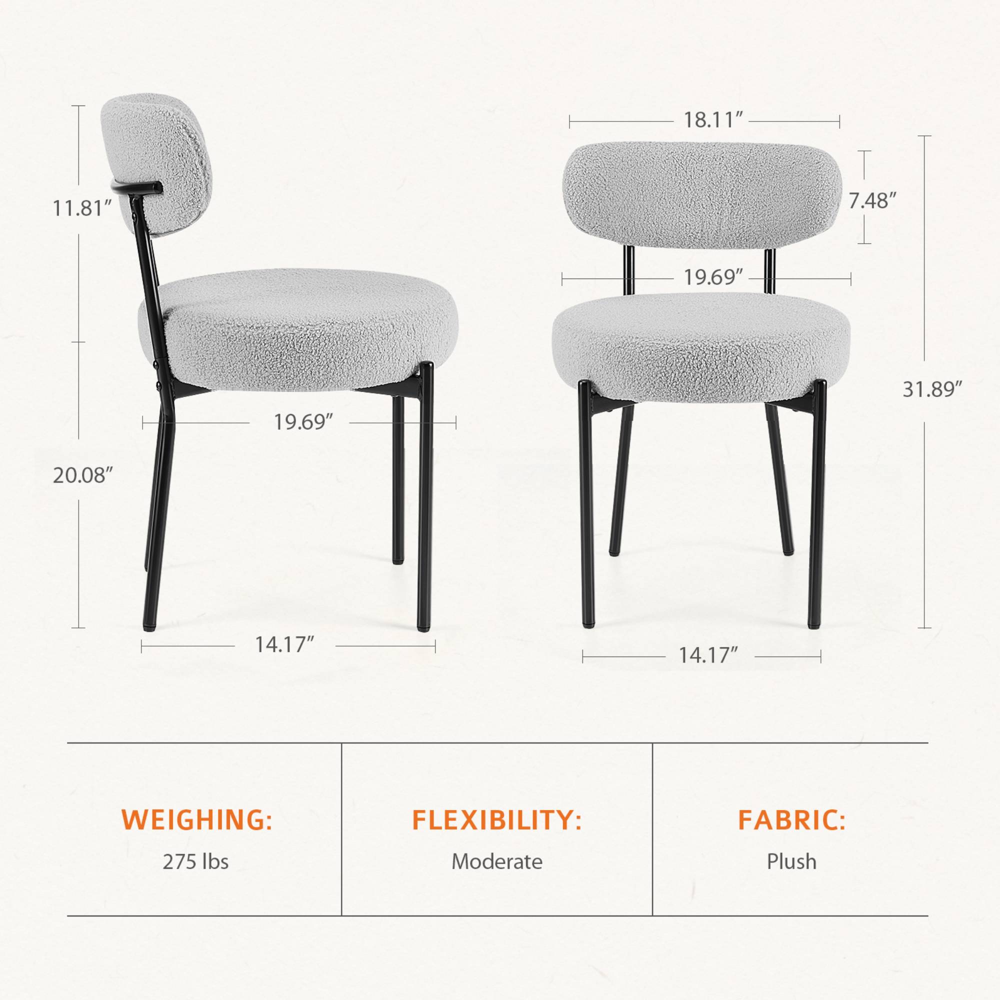 TrumanPick Boucle Dining Chairs Set of 2 Modern Upholstered Kitchen Chairs Dining Room Round&nbsp;Seat for Kitchen Island, Grey