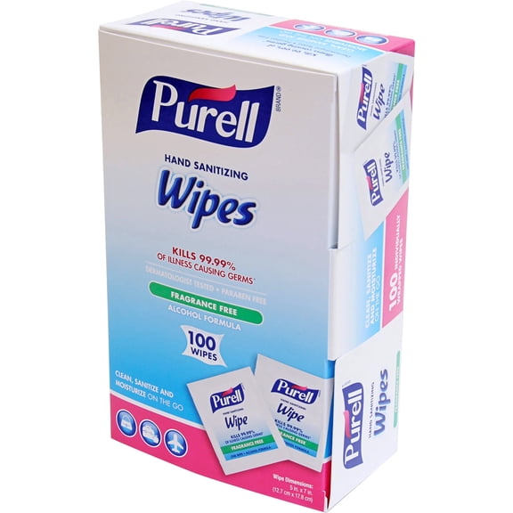 PURELL Sanitizing Hand Wipes, Individually Wrapped, 5 x 7, Unscented, White, 100/Box , Each