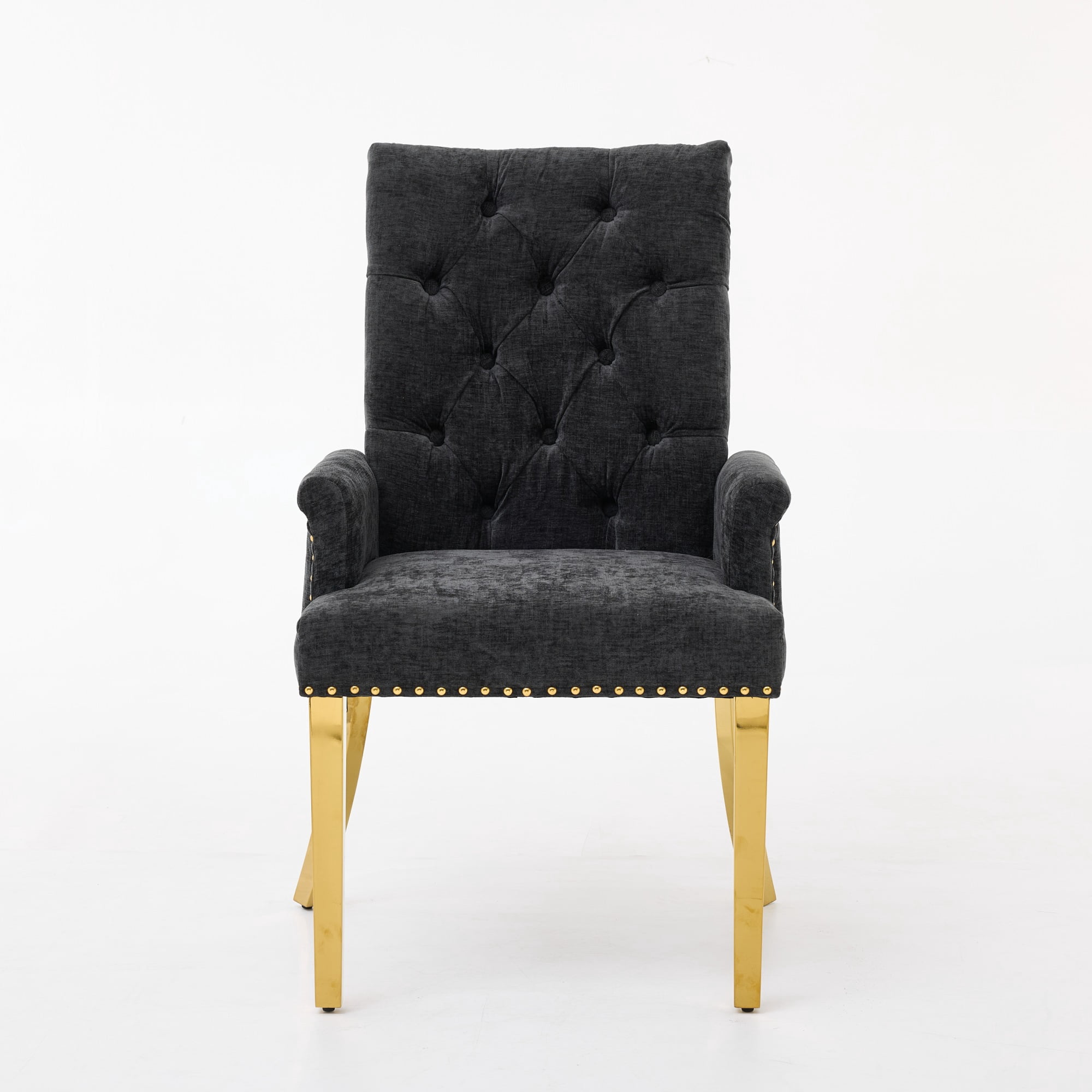 GARITIN Upholstered Dining Chair with Arms, Tufted Button High Back Accent Chair with Nailhead Trim and Stainless Steel Legs, Black & Gold