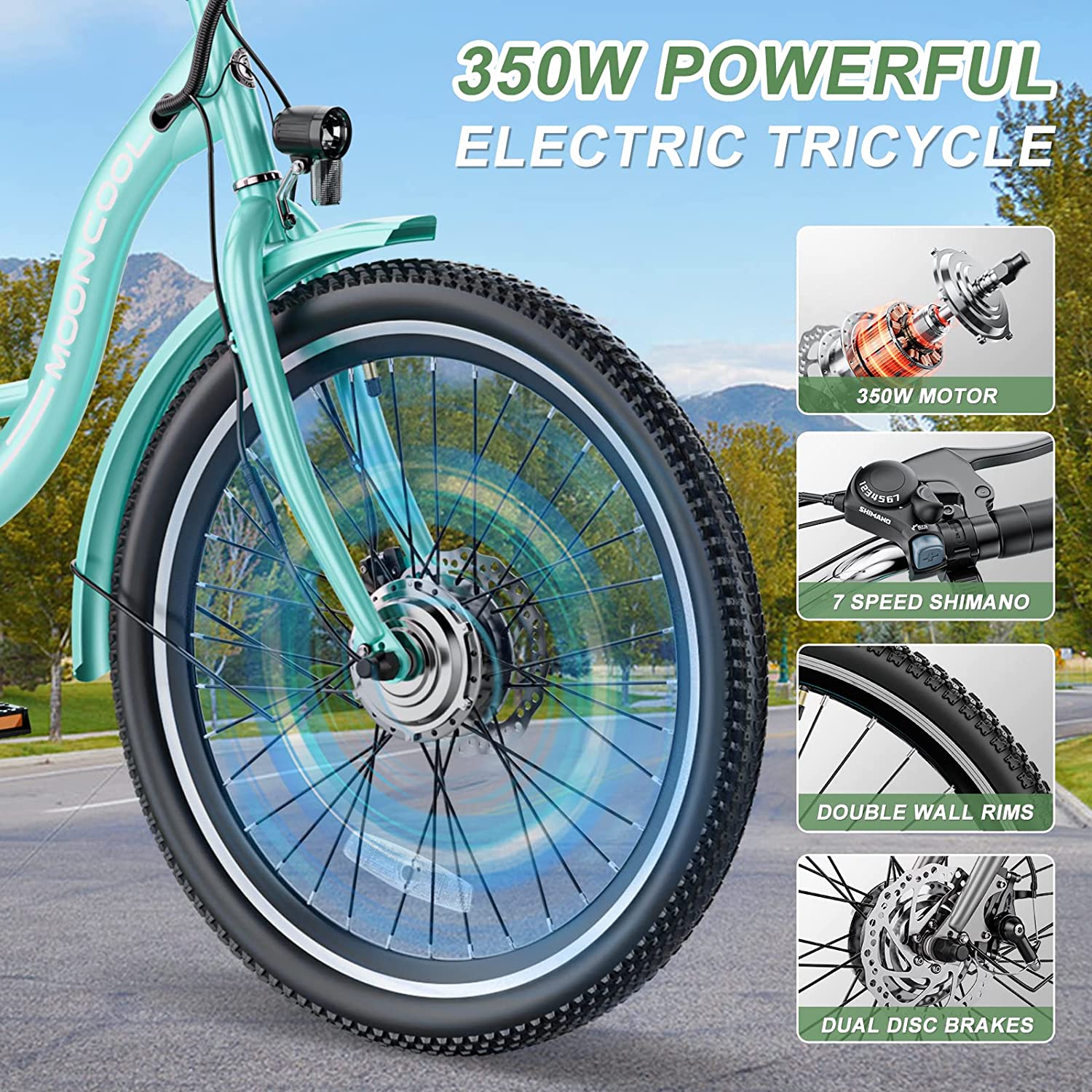 MOONCOOL 24"/26" 350W Motorized Electric Trike, 7 Speed 3 Wheel Electric Bicycle with 36V Lithium Battery UL Certified, Electric Tricycle for Adults with Rear Basket