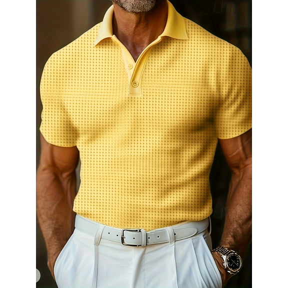 Mens Solid Polo Shirts Short Sleeve Fashion Textured Polo Shirt Regular Fit Stretchy Golf Shirts Yellow XXL