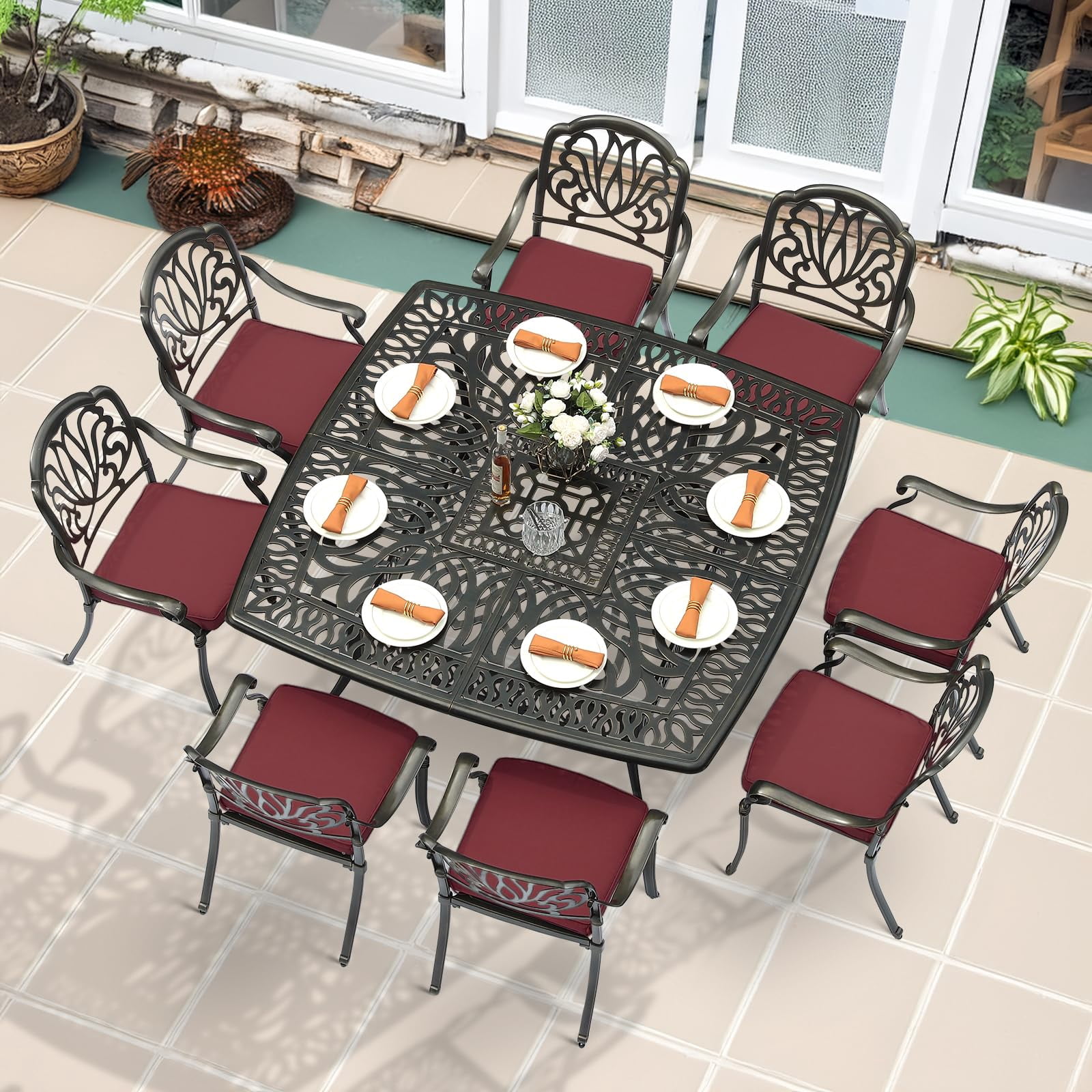MEETWARM 9-Piece Outdoor Furniture Dining Set for 8, All Weather Cast Aluminum Patio Dining Set- Large 64" Square Table with Umbrella Hole and 8 Cushioned Chairs, Patio Table and Chairs Set, Red
