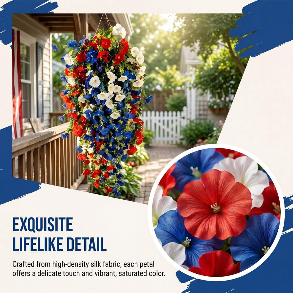 4th of July Decoration Tricolor Patriotic Artificial Flower, red White and Blue Artificial Flowers, for Outdoor Decor, Patio, Garden