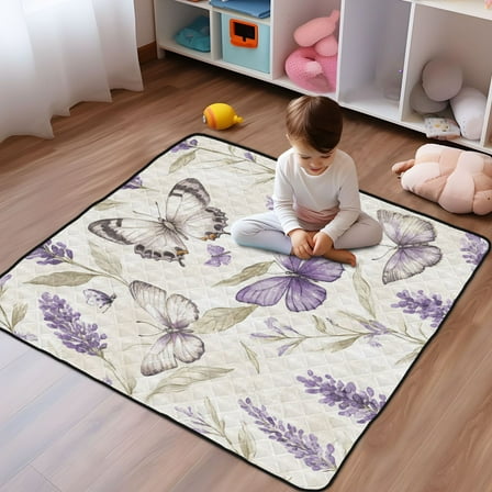 WOBOGO Purple Lavender and Butterfly Baby Playmats Extra Large Waterproof Rollable Activity Pads for Toddlers 50×50inch