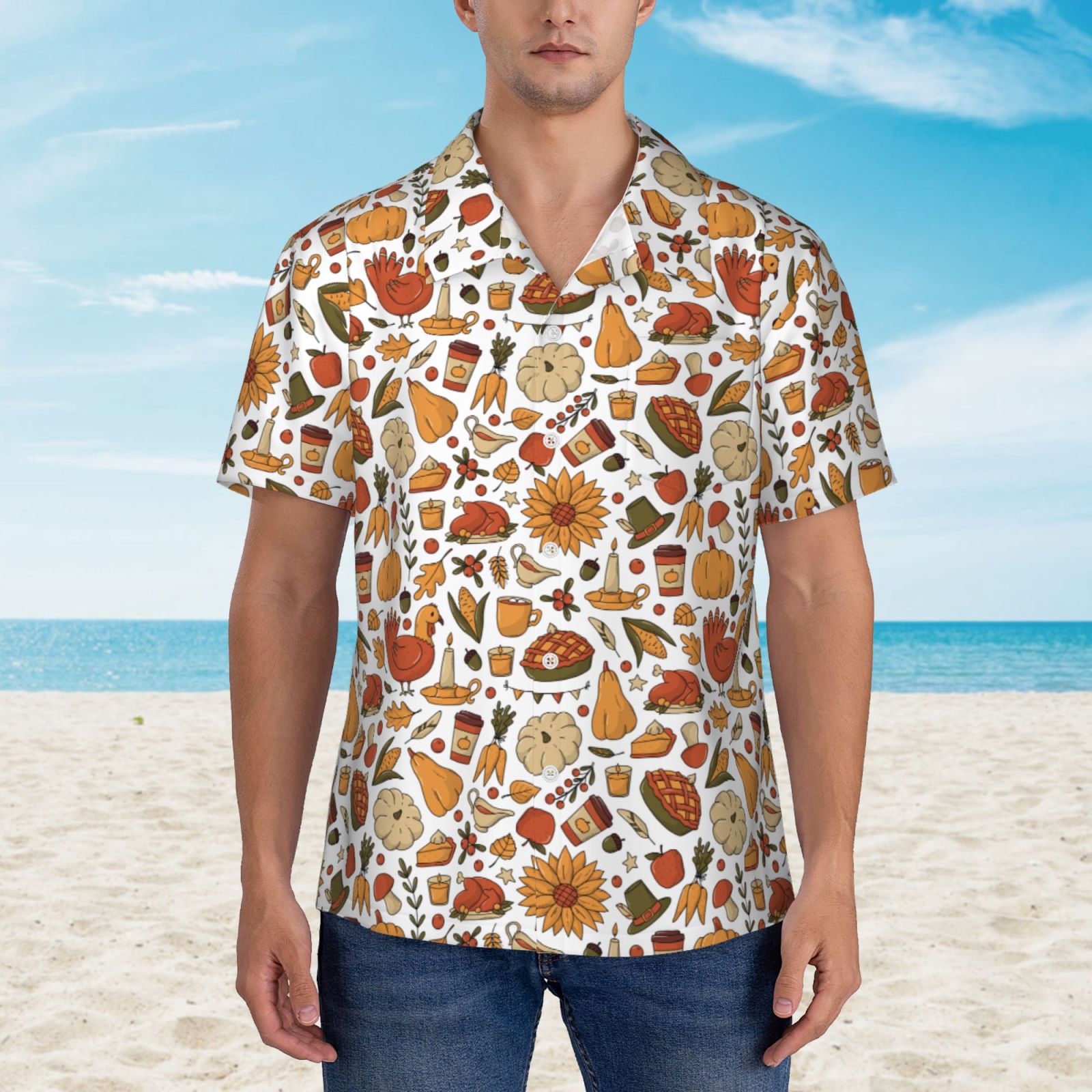 Logiee Thanksgiving Food Print Mens Hawaiian Shirts,Loose-Fit Short Sleeve Button Down Tropical Aloha Beach Shirt,Summer Vacation Wedding Tops,Small