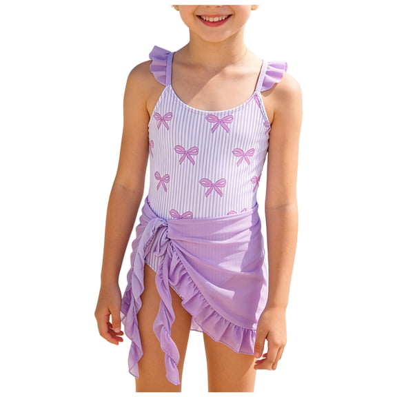 BOBOGOJP Girls One Piece Swimsuits Ruffle Straps Bow Stripe Print Cute Bathing Suits with Mesh Swim Cover Up Skirt Light Purple for Size 11-12 Years