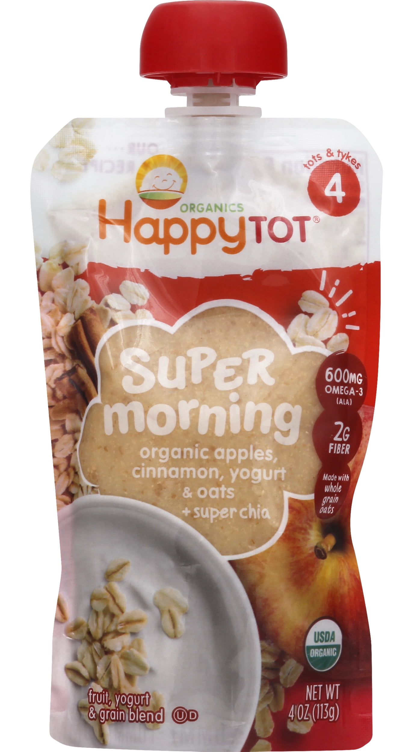 HappyTot Super Morning Organic Apples Cinnamon Yogurt &#38; Oats with Superchia Baby Food Pouch - 4oz