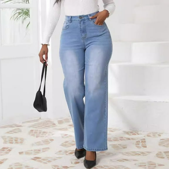 Womens Plus Size High Rise Bootcut Jeans Women's Fashion Casual High Waist Slim High Stretch Straight Jeans