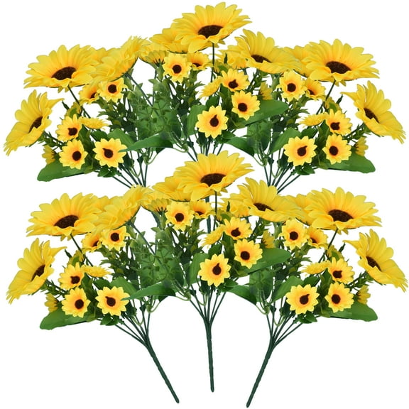 6 PCS Artificial Sunflowers with Stems, Fake Silk Sunflower Bouquet with 13 Bloom Heads and Green Leaves, for Indoor Outdoor Home Decor, Wedding, Party, Table Centerpiece Display