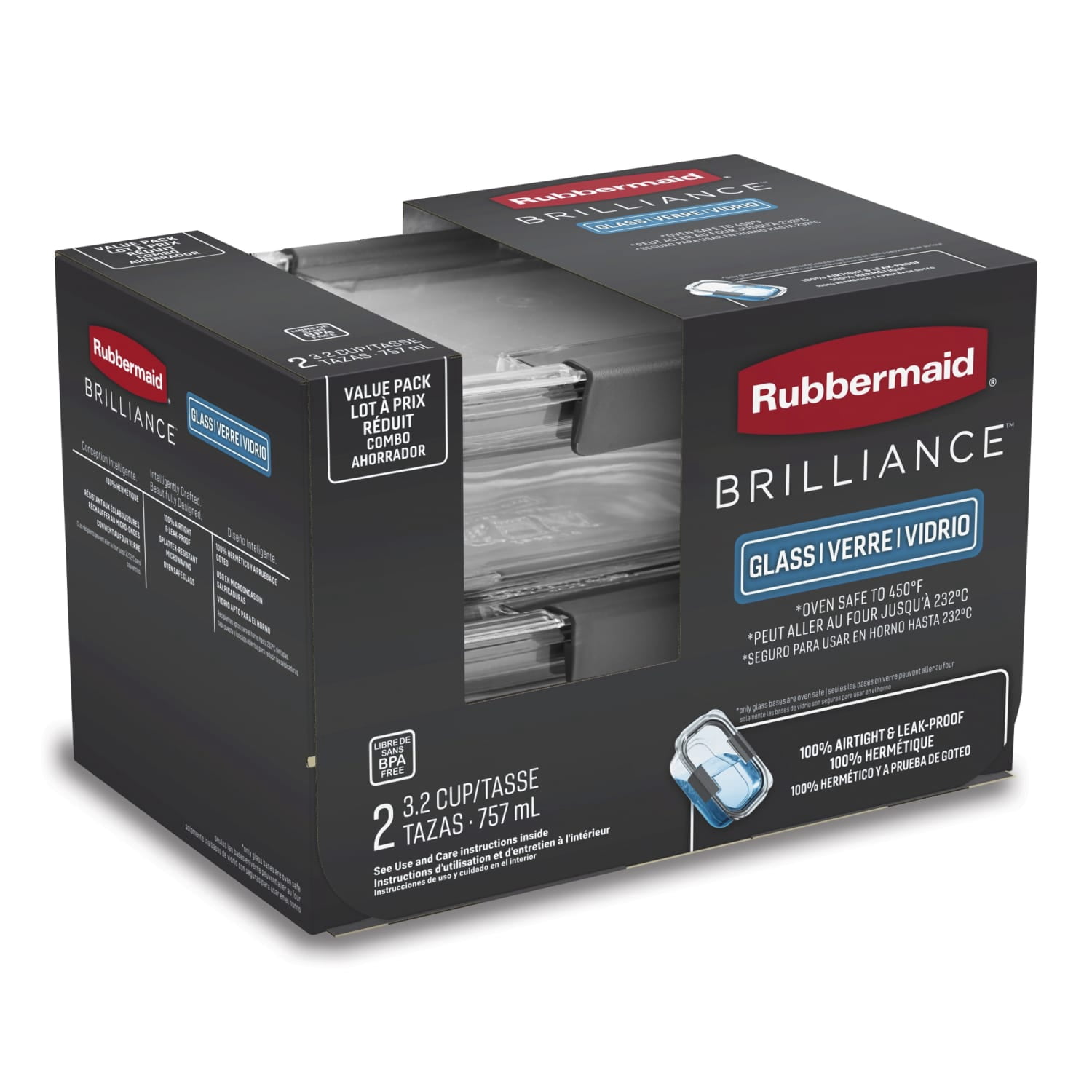 (4 pack) Rubbermaid 3.2 Cup Brilliance Glass Food Storage Containers, Set of 2