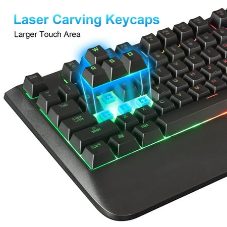 Reccazr Gaming Keyboard Wired Backlit Keyboard with Wrist Rest 19 Keys Anti-ghosting,Multimedia Shortcuts,Waterproof Computer Keyboard for Gamers and