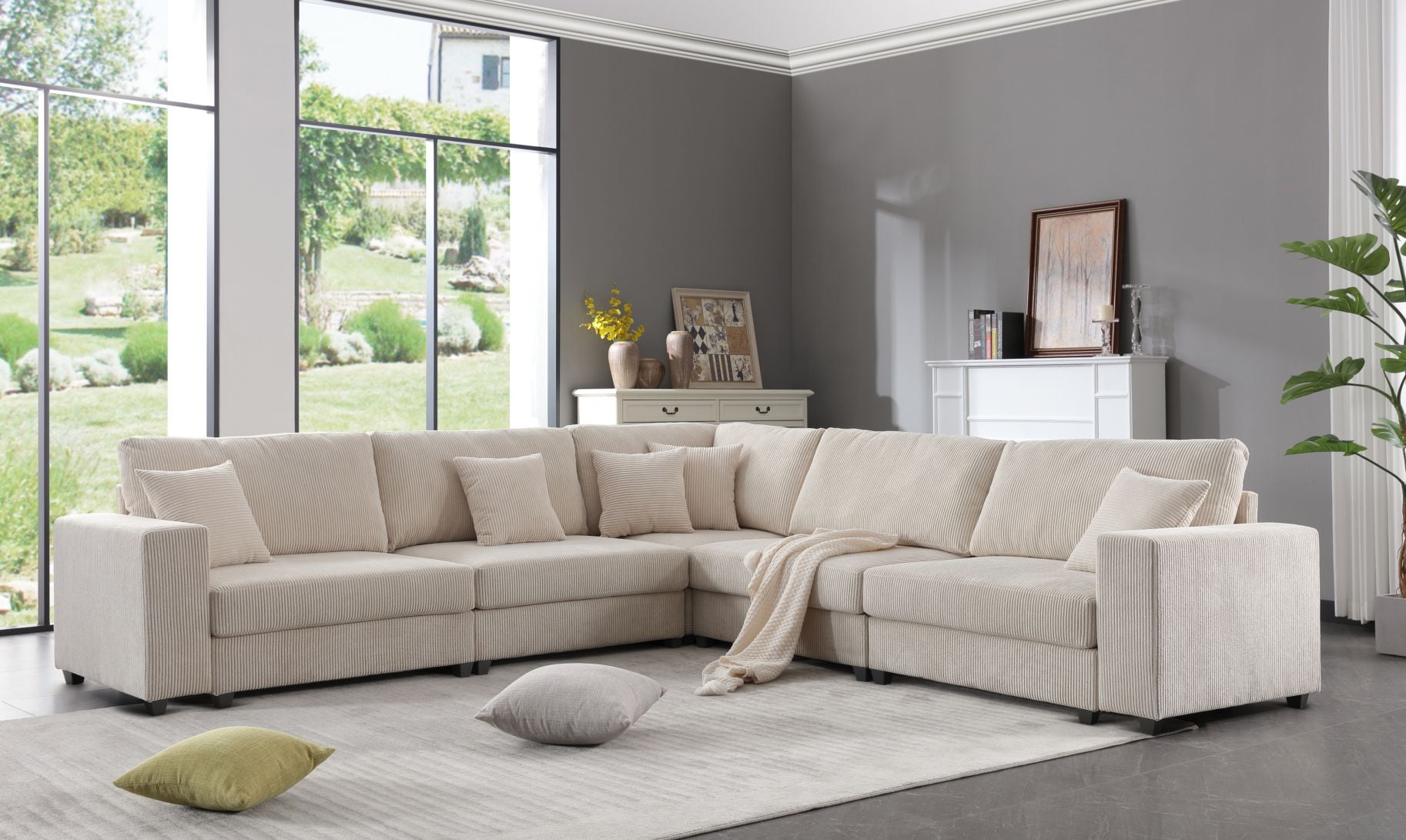 L shape 6 seater beige living room sofa